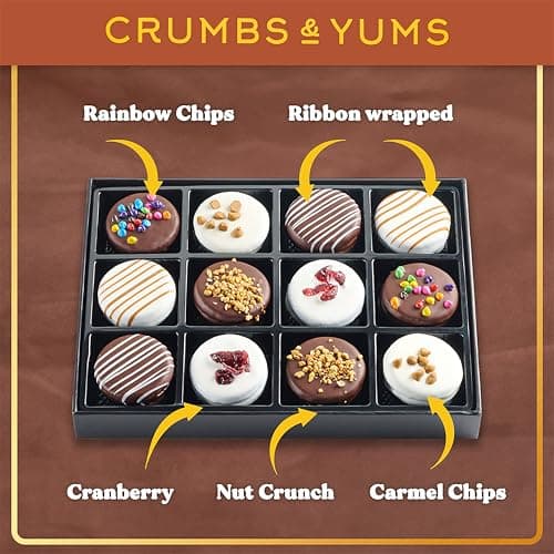 Holiday Christmas Cookies Gift Basket - 12 Gourmet Chocolate Covered Sandwich Cookies with Assorted Toppings - Assorted Food Gift Box for Fathers Day, Mothers Day, Family, Sympathy, Men & Women.