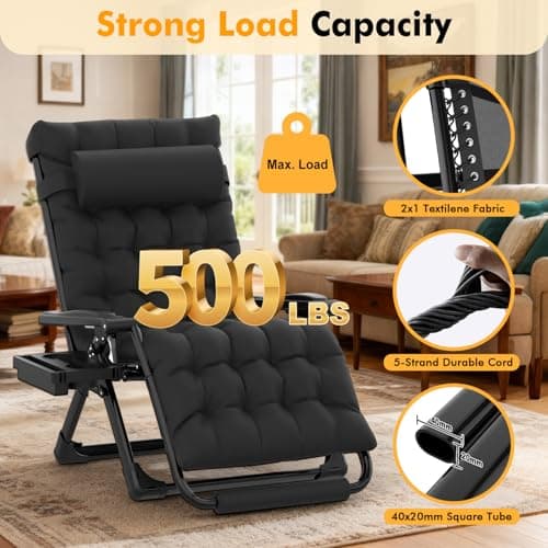 Slendor Oversized Zero Gravity Chairs XXL, 33In Padded Zero Gravity Lounge Chair, Lawn Recliner, Folding Patio Reclining Chair w/Aluminum Alloy Lock, Headrest, Cup Holder, Support 500lbs, Black