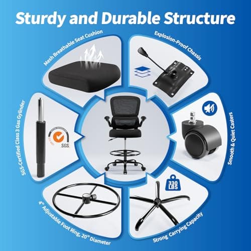 TRALT Drafting Chair - Tall Office Chair for Standing Desk - High Office Chair with Adjustable Footrest Ring Lumbar Support - Tall Office Chairs for Home Office with Flip-Up Armrests (Black)