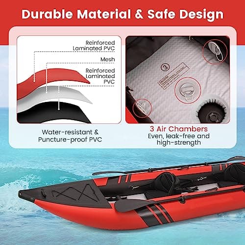 GYMAX Inflatable Kayak, 12.5Ft 507lbs Tandem Kayak with 2 Aluminum Paddles, 2 Padded Seats, Footrests, 2 Fins, Hand Pump, Carry Bag & Repair Kit, 2 Person Fishing Touring Kayak for Adults