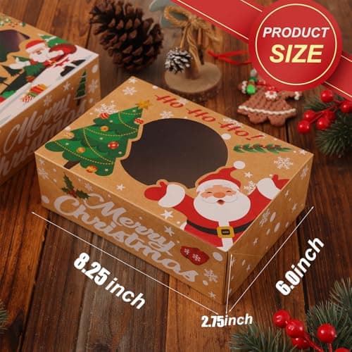 24 Pack Christmas Cookie Boxes - 8.25"x6"x2.75" Brown Kraft Bakery Box with Window for Holiday Treats, Gift Exchange Box for Baked Goods, Cookie Tins with Lids for Gift Giving
