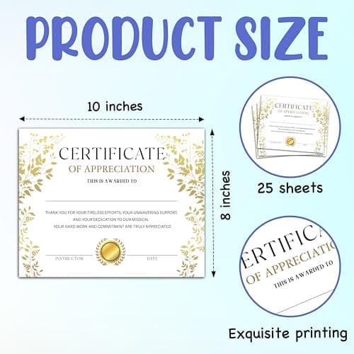 Certificate of Appreciation -25pcs, Certificates of Recognition, Thank You Gifts Certificates for Employees, Staff, Teachers, Volunteers, 8×10 Inch Award Certificate-A08