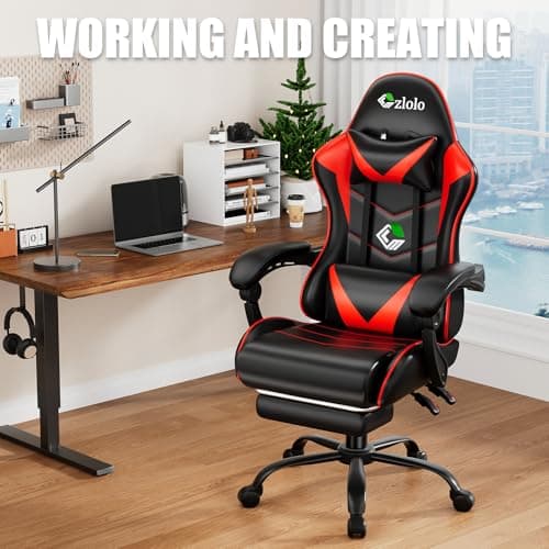 Czlolo Gaming Chair with Footrest Racing Style Lumbar Support Massager Video Game Chair with Metal Legs, High Back Reclining Gamer Chair with Headrest, 360° Swivel Office Computer Desk Chair (Red)