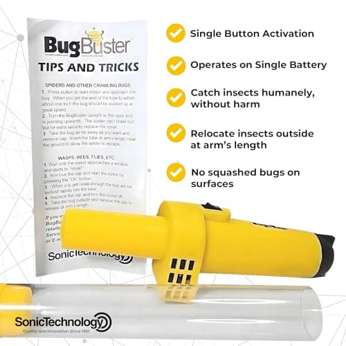 Sonic Technology BugBuster BB100 - Battery Operated Spider Catcher and Release Device, Spider Vacuum Catcher for Kids & Adult, Bug Catch and Release Tool for All Insects with Easy Switch- 14" Yellow