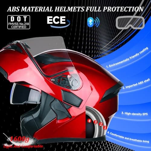 Bluetooth Motorcycle Helmets DOT Approved, Flip-Up Full Face Modular Helmet with Dual Visors, Noise Cancelling Dual Speakers for Adults