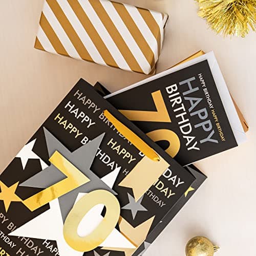 Loveinside Birthday Gift Bag with Tissue Paper and Greeting Card for 70 Birthday - 10" x 5" x 13", 1 Pcs, Black Gold