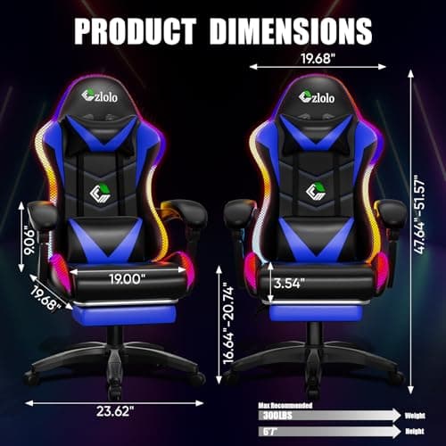 Czlolo Gaming Chair, Racing Style RGB LED Lights Gaming Chairs for Adults and Kids, Lumbar Massager Gamer Chair, High Back Reclining Computer Chair with Footrest and Headrest (Black/Blue)