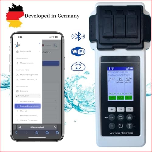 Digital Pool Water Tester Photometer – Accurate Water Analyzer for Pools, Spas & Hot Tubs – Tests 27 Parameters – Bluetooth/WiFi – App for pH, Chlorine, Alkalinity & More