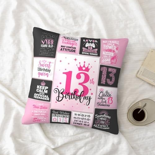 13th Birthday Gifts for Girls, 13 Year Old Girl Birthday Gift Ideas, 13 Yr Old Girl Presents Decorations for Girls Throw Pillow Covers 18x18 Inch