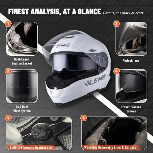 LEM Motorcycle Helmets Full Face, Helmets for Men DOT Certified, PINLOCK & DVS Dual Vision, Motorcycle Street Bike Helmet for Adults Fiberglass Shell Bluetooth Ready for Cruiser(White, Size M)