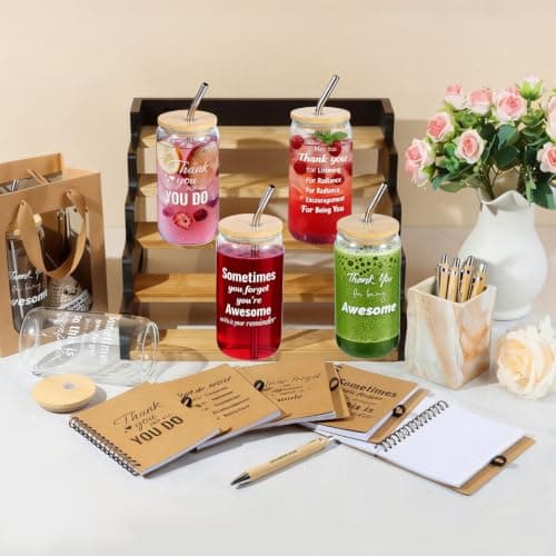 42 Pcs/6 Sets Employee Appreciation Gifts Bulk - Includes 16oz Glass Cups with Bamboo Lid, Positive Crochet, Inspirational Notebooks with Pens, Kraft Paper Gift Bags & Straw - Thank You Gifts for Coworkers, Teachers, Staff & Team B0G5MPS7K6