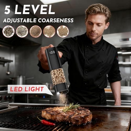 LED Display & Light, Ceramic Core, Adjustable Grind, 3.5 oz x2, Kitchen Gadget for Cooking, BBQ, Home Gifts for Women Men Electric Salt and Pepper Grinder Set,Automatic Pepper Mill Shakers,2 Pack B0FCF875FT