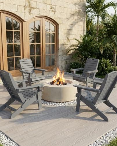 Folding Adirondack Chair with Retractable Ottoman, Weather Resistant Fire Pit Chair Patio Chair with 2 Cup Holder Lawn Outdoor Lounge Chair (Grey)