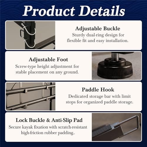 Faesun 3-Tier Kayak Storage Rack, Freestanding Kayak Rack with Paddle Hook, Adjustable Heavy Duty Kayak Stand with Ground Pegs, Storage Rack for Kayak, Canoe, Surfboard & Paddleboard