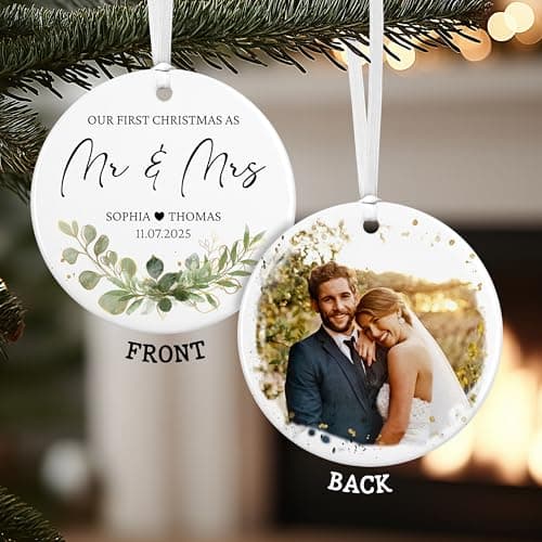 Personalized Our First Christmas as Mr and Mrs Double-Sided Ornament 2025, Custom Photo Ceramic Ornament, First Christmas Married Keepsake, Wedding Gift for Newlywed Couple