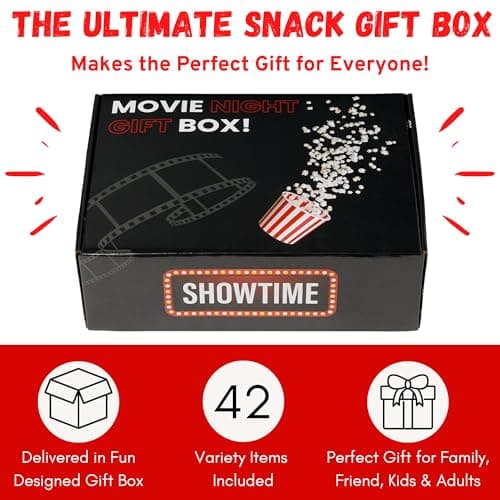 Movie Night Gift Basket – 42-Piece Gift Box with Popcorn, Candy, Snacks & Bingo – Birthdays, Date Night, Family, Kids, Adults, Mom, Dad, Teens, Christmas, Mothers Day, Fathers Day, Raffle & Fundraiser