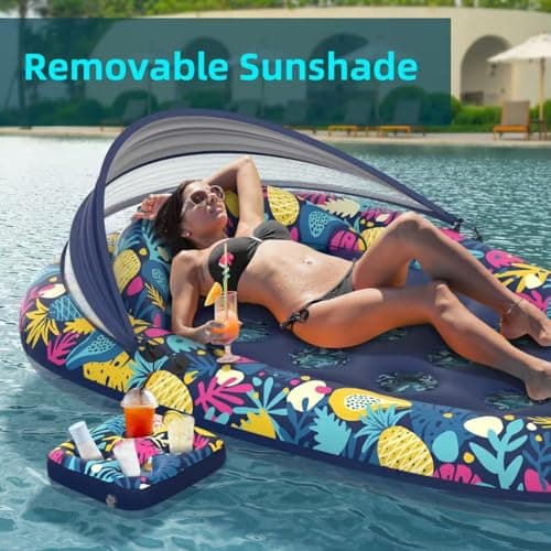 Sunikko X 3-in-1 Pool Floats with Canopy Cup Holder, Tanning Pool Large 73" x 48" Float Adult Heavy Duty, Inflatable Lounger Raft Floating Chair with Backrest, Swimming Pool Lake Beach Party