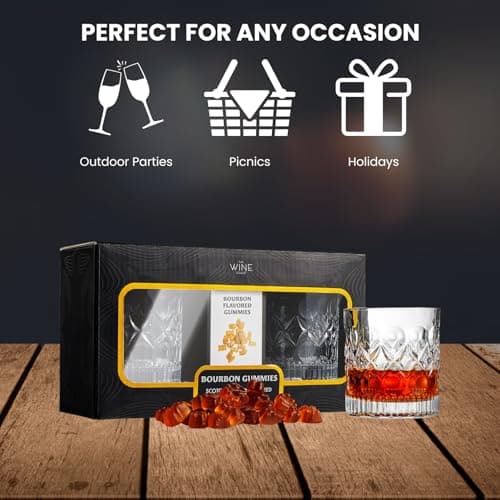 Bourbon Gummy Gift Set with 2 Whiskey Glasses – Bourbon-Flavored Candy Bears & Crystal Lowball Glasses – Father’s Day Gift for Whiskey & Scotch Lovers, Dad, Husband, or Him – Tasting Set