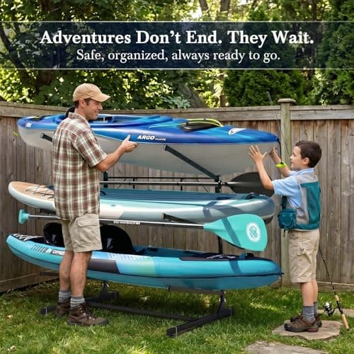Faesun 3-Tier Kayak Storage Rack, Freestanding Kayak Rack with Paddle Hook, Adjustable Heavy Duty Kayak Stand with Ground Pegs, Storage Rack for Kayak, Canoe, Surfboard & Paddleboard