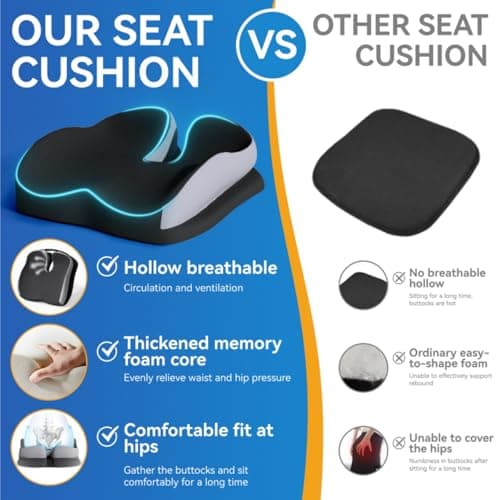 Seat Cushions for Office Chairs Wheelchair Cushion for Long Sitting Back Pain,Memory Foam Seat Car Computer Desk Chair Cushion,Coccyx Cushion for Tailbone Pain Relief Cushion Office Chair Black