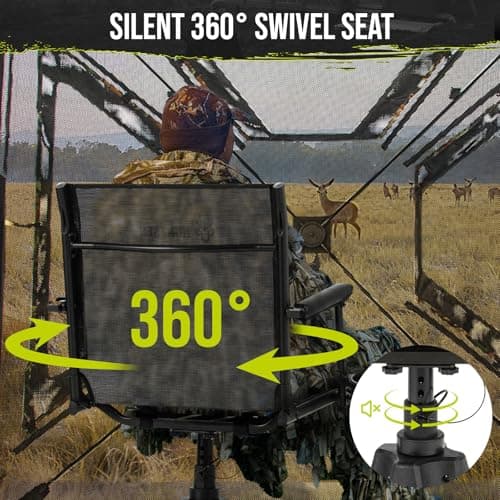 HUNTSEN 360° Silent Swivel Hunting Chair for Blinds - Stable Portable Ground Blind Chair Adjustable 4 Legs & Seat Height Folding Outdoor Fishing Seat with Anti-Sink Feet Armrest - Supports 330lbs