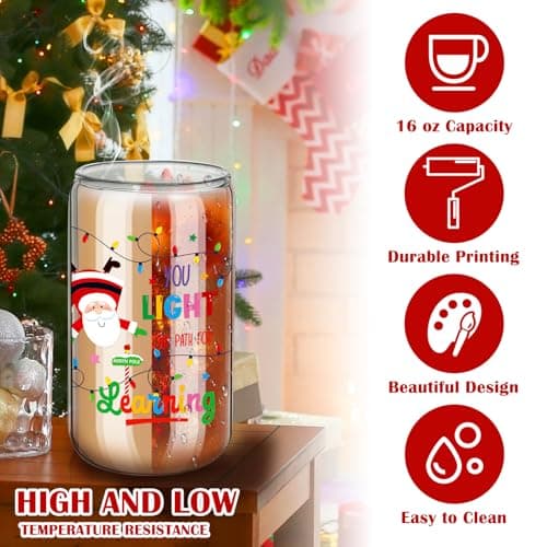 16 oz Glass Coffee Cups with Bows Lids Straws Brushes, Thank You End of Year Gifts for Teacher from Student School Present Reallnaive 6 Pcs Christmas Teacher Appreciation Gifts for Women Teacher Cup B0FNM52YVG