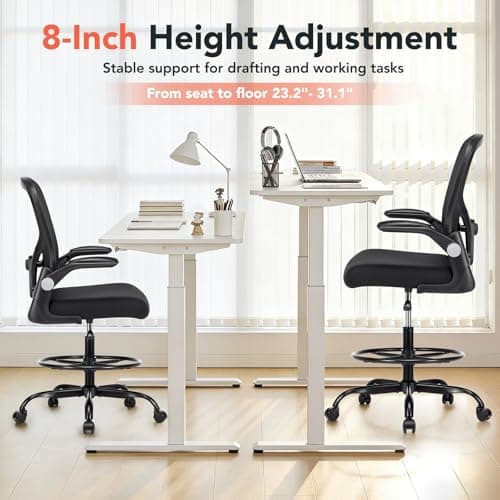 Drafting Chair, Tall Office Chair for Standing Desk, Mesh High Desk Chair with Flip-Up Armrests, Ergonomic Office Chair with Lumbar Support, Adjustable Footrest Ring Studio Chair, Black
