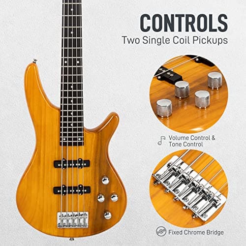 Ktaxon 5 String Electric Bass Guitar, Full Size Standard Right Handed Rosewood Fretboard Bass Kit with Gig Bag Strap Cable Wrench Tool (Yellow)