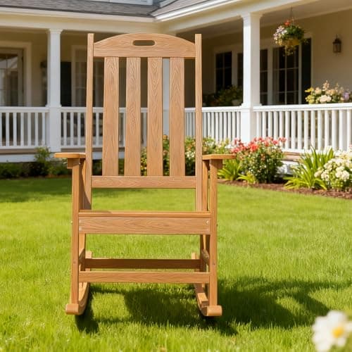 Rocking Chair Indoor Oversized Wooden Slatted Porch Rocker for Outdoor All Weather Lounge Garden Chair Comfortable Seating for Patio Deck Backyard Lawn Fire Pit, Wide Seat and High Back, Teak