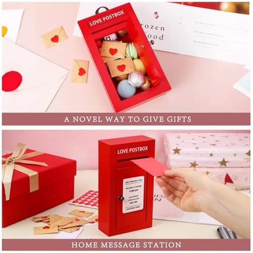 Red Wooden Mailbox, Interactive Opening Door, Cute Christmas Anniversary Valentines Day Gifts for Him Husband Boyfriend Romantic Wooden Love Postbox Set, 50 Mini Love Notes and Envelopes B0DQVG86TF