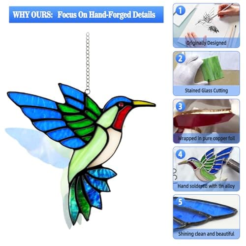 Handmade Copper Foil Art,Birthday Anniversary Gift For Mom Grandma Wife Mother In Law,Bird Lovers Sun Catcher Decor,6 Inch 2 Pcs Hummingbird Stained Glass Window Hanging Suncatchers,Gifts for Women B0FBM1D77B