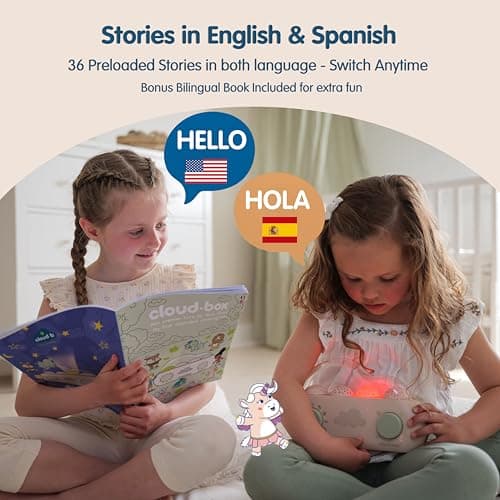 Cloudb Cloudbox Storytime Audio Story Books Toy Gift for Toddlers Kids Girls Boys | English/Spanish Voice Record Storyteller | 36 Stories, 8 Melodies, Star Projector Night Light White Noise Dreambox