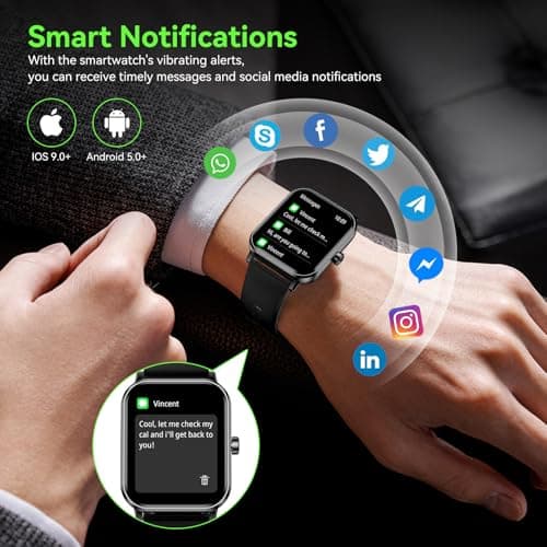 Smart Watch for Men Women, 1.85" HD Fitness Tracker with Bluetooth Calls, 5 ATM Waterproof, 130+ Sport Modes, 24/7 Heart Rate/Sleep Monitor, Pedometer, Calories, Smartwatch for iOS Android (Black)