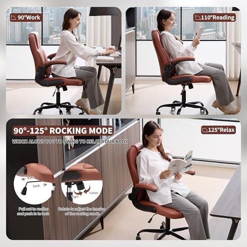 Executive Office Chair PU,Leather Office Chair with Wheels,360° Swivel Rolling Chair with Padded Arms,Ergonomic Computer Chair with Lumbar Support for Short People Use(Brown)