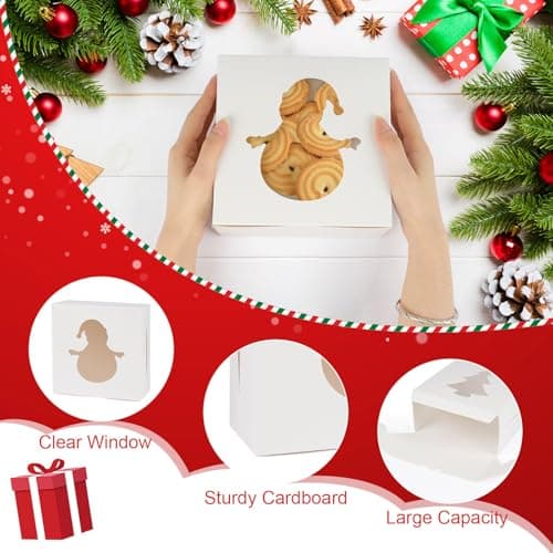 12 PCS Christmas Cookie Boxes, 6×6×3 Inches Treat Boxes Tin, Small Pastry Boxes with Window, for Gift Giving Packaging Dessert Bakery Cupcake Baked Goods (White)