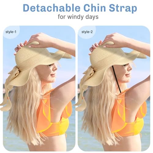 Pleneal Beach Sun Straw Hats for Women, UPF 50+ UV Sun Protection Wide Brim Summer Straw Hat Foldable Packable Roll up Cap
