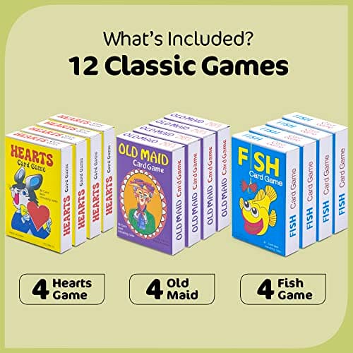 Kids Card Games Bulk – 12 Pack Classic Card Games for Kids Ages 4-9, Multi Pack Set Includes: Hearts, Go Fish, & Old Maid Playing Cards for Family Game Night, Party Favors & Classroom Prizes