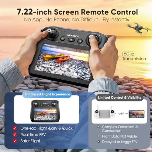 GPS Drone with EIS 2K Camera for Adults, 7.22 inch Screen on Remote Controller, 64 Mins Flight, Long Range Transmission, 3 Speed Adjustable, Follow Me, AI Track, AI Night Shot, Auto Return, Lightweight and Foldable RC Drones for Beginner Toy Gifts, Under 249g