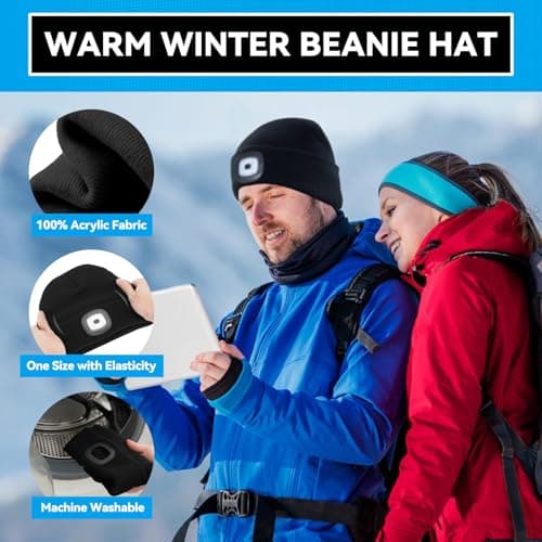Christmas Stocking Stuffers for Men Adults, Beanie Hats with Light, USB Rechargeable LED Hand Free Headlamp, Birthday Gifts for Men, Women, and Teens, Ideal for Camping, Hiking, Black