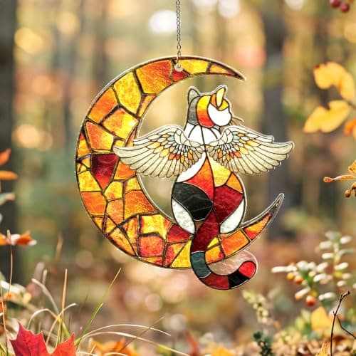 Wavy acrylic suncatcher featuring winged cat moon artwork, designed as a window hanging ornament for home décor and spaces Cat Suncatcher, Pet Memorial Gifts, Window Hanging Ornament 3 (6 Inches) B0HFW19G7L