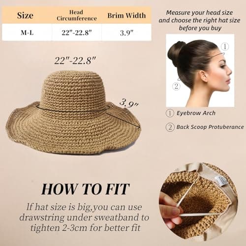 Askljeby Floppy Big Beach Straw Hats for Women Foldable Summer Wide Brim Packable Sun Hat Womens Travel Straw Fedora Hat