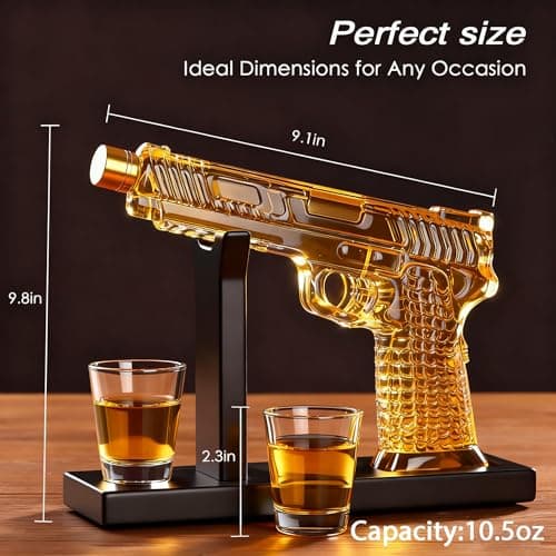 Whiskey Decanter Sets for Men, 10.5oz Handcrafted Gun Decanter Set with Shot Glass, Unique Christmas Gift Idea for Dad, Husband, Boyfriend, Brother, Gun Liquor Dispenser Fun Conversation Starter