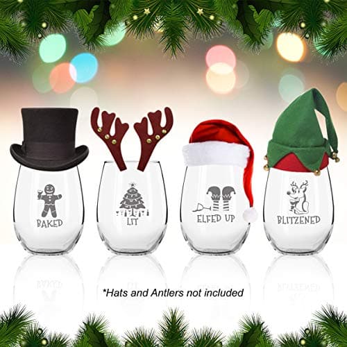 Drunk Christmas Funny Stemless Wine Glasses Set of 4 | Hilarious Christmas Themed Wine Glass for Holiday Party | 4 Designs | 15 oz Cheerful Party Cups & Gift Exchange Idea for White Elephant, Xmas