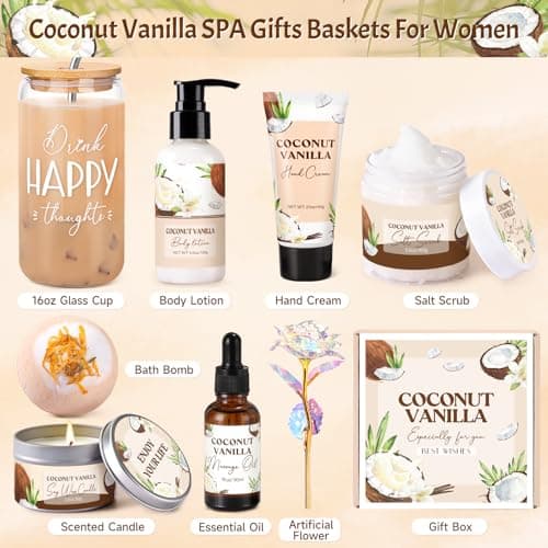 Spa Gift Baskets for Women, Vanilla Coconut Bath and Body Gifts Set for Women, Home Spa Self Care Gift, Relaxing Bath Set for Mom Wife Sister Friends Sister Girlfriend, Mother’s Day Thank You Gifts