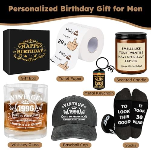 30th Birthday Gifts for Men, 30th Men’s Birthday Gifts for Men Who Have Everything Vintage 1996 Whiskey Glass Baseball Cap 30 Year Old Funny Personalized Birthday Gifts for Him Husband Boyfriend Dad B0FVFCPSLS
