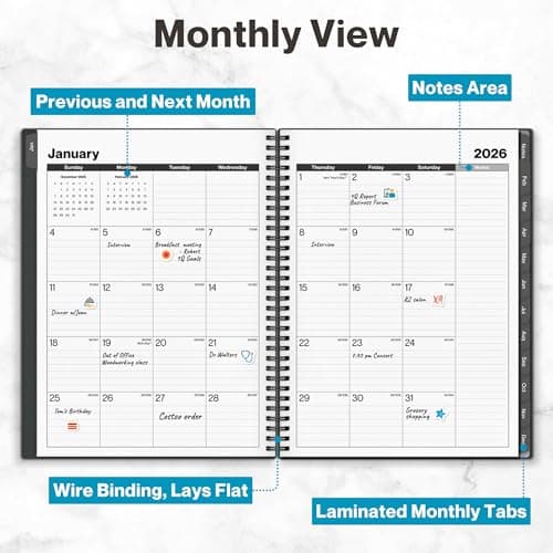Dunwell 2026 Planner Book 8.5x11, Weekly Monthly Calendar, Jan to Dec, Large Daily Organizer with Laminated Tabs, Bookmark, Notes Section & Stickers