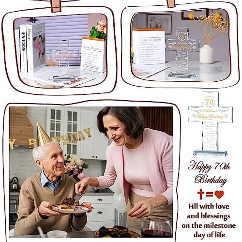 70th Birthday Cross Gifts for Women, Men, Standing Glass Keepsake for 70 Year Old Birthday Religious Presents for Mom, Dad, 70th Fabulous Birthday Gifts Ideas