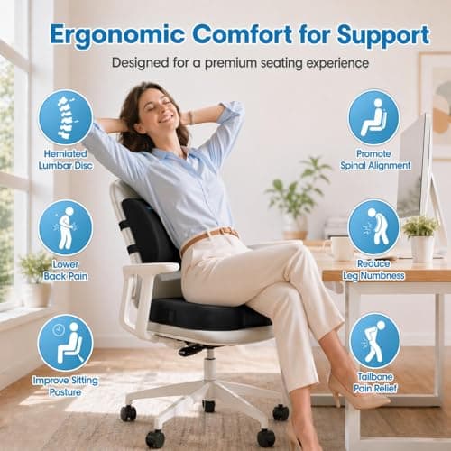 CloudBliss Lumbar Support Pillow & Seat Cushion Set for Office Chair, Desk Chair, Wheelchair & Car – Memory Foam Back Support, Ergonomic Chair Cushions, Sciatica Pain Relief, Home Essentials, Black