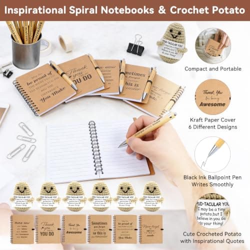 42 Pcs/6 Sets Employee Appreciation Gifts Bulk - Includes 16oz Glass Cups with Bamboo Lid, Positive Crochet, Inspirational Notebooks with Pens, Kraft Paper Gift Bags & Straw - Thank You Gifts for Coworkers, Teachers, Staff & Team B0G5MPS7K6