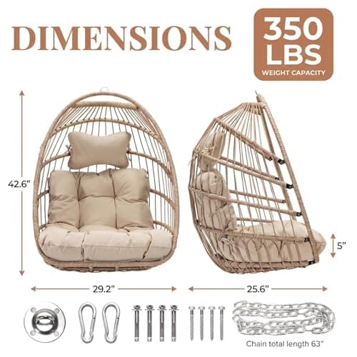 Nicesoul Outdoor Hanging Egg Chair Without Stand, Patio Wicker Swing Egg Basket Chairs with Padded Cushion, 350 Lbs Comfy Cozy Ceiling Tree Swinging Egg-Shaped Chair No Stand for Indoor Balcony, Beige